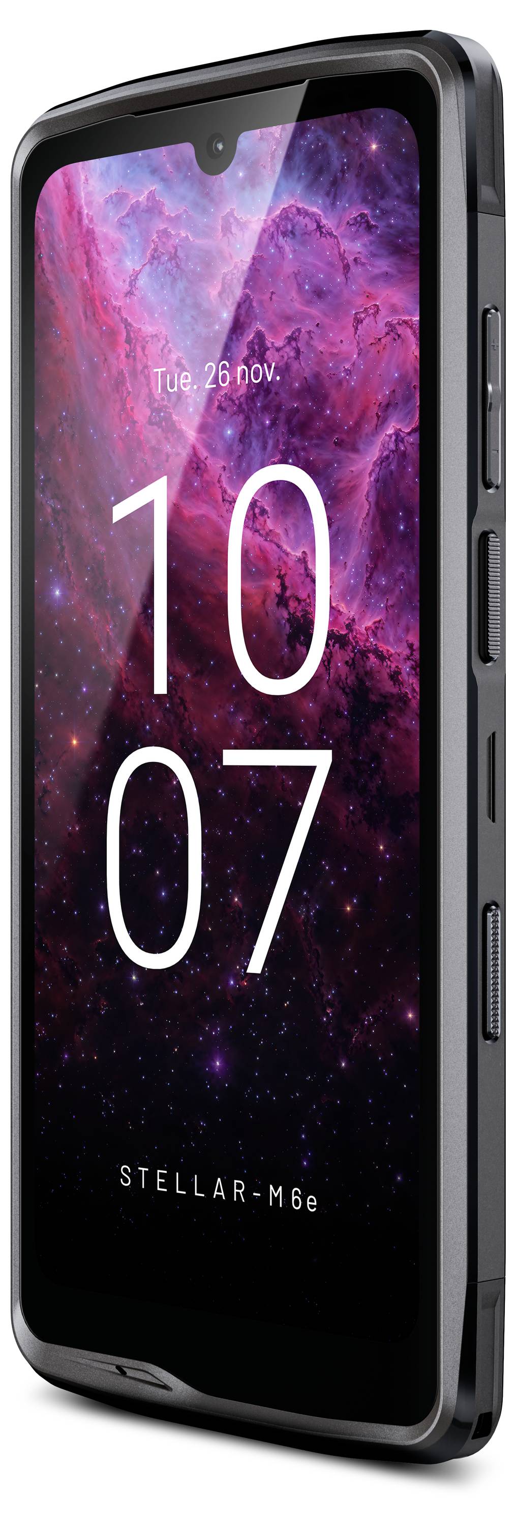 Obraz przedstawia smartfon z mglistym tłem w odcieniach fioletu i bordowego, z godziną '10:07' wyświetlaną na ekranie.