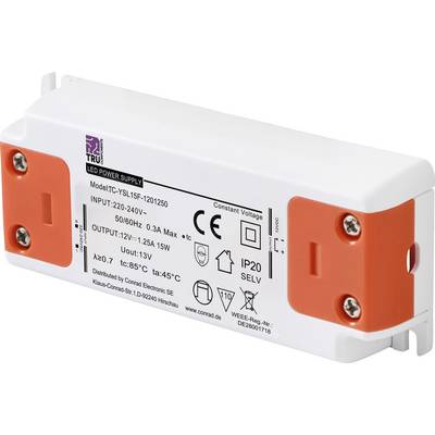 Transformator LED, model TC-YSL15F-120/1250, do zasilania 220-240V, wyjście 12V, maks. 15W, stopień ochrony IP20, do zastosowań wewnętrznych.