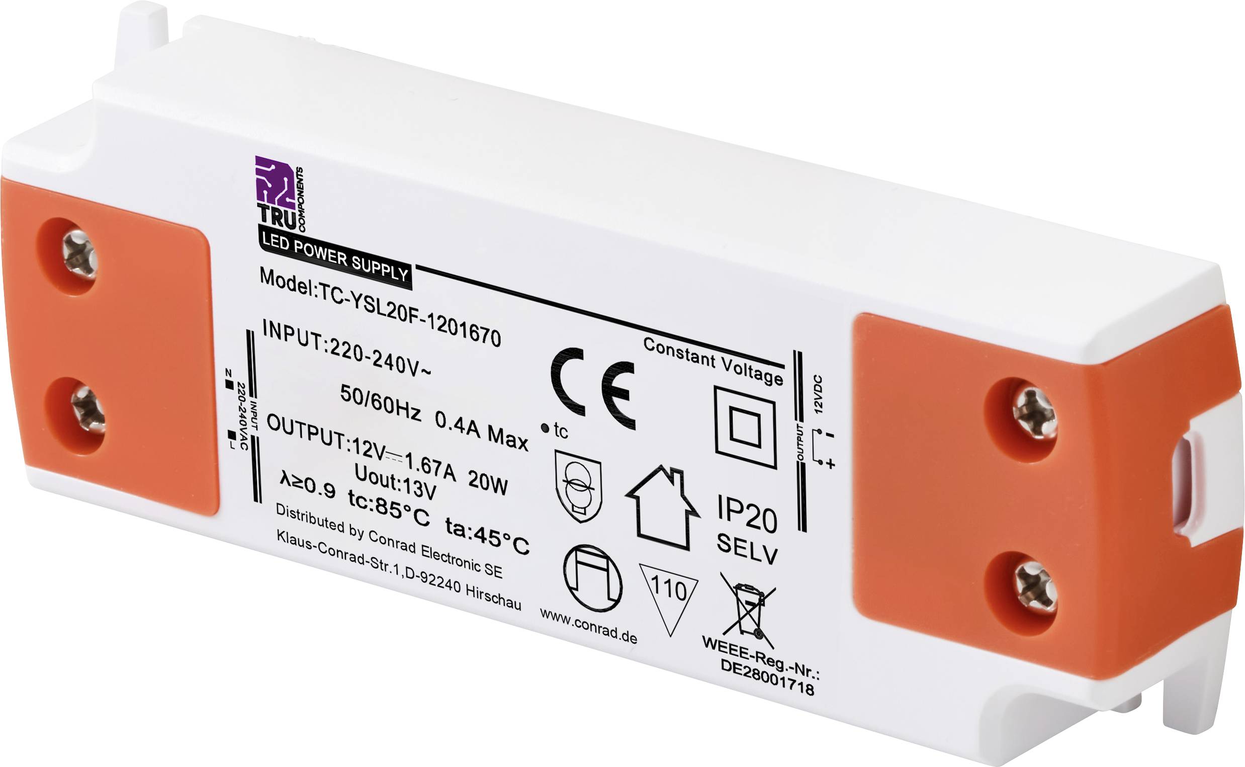 TRU COMPONENTS TC-YSL20F-1201670 Світлодіодний трансформатор Постійна напруга 20 Вт 1,67 A 12 В/DC Придатний для використання в ме