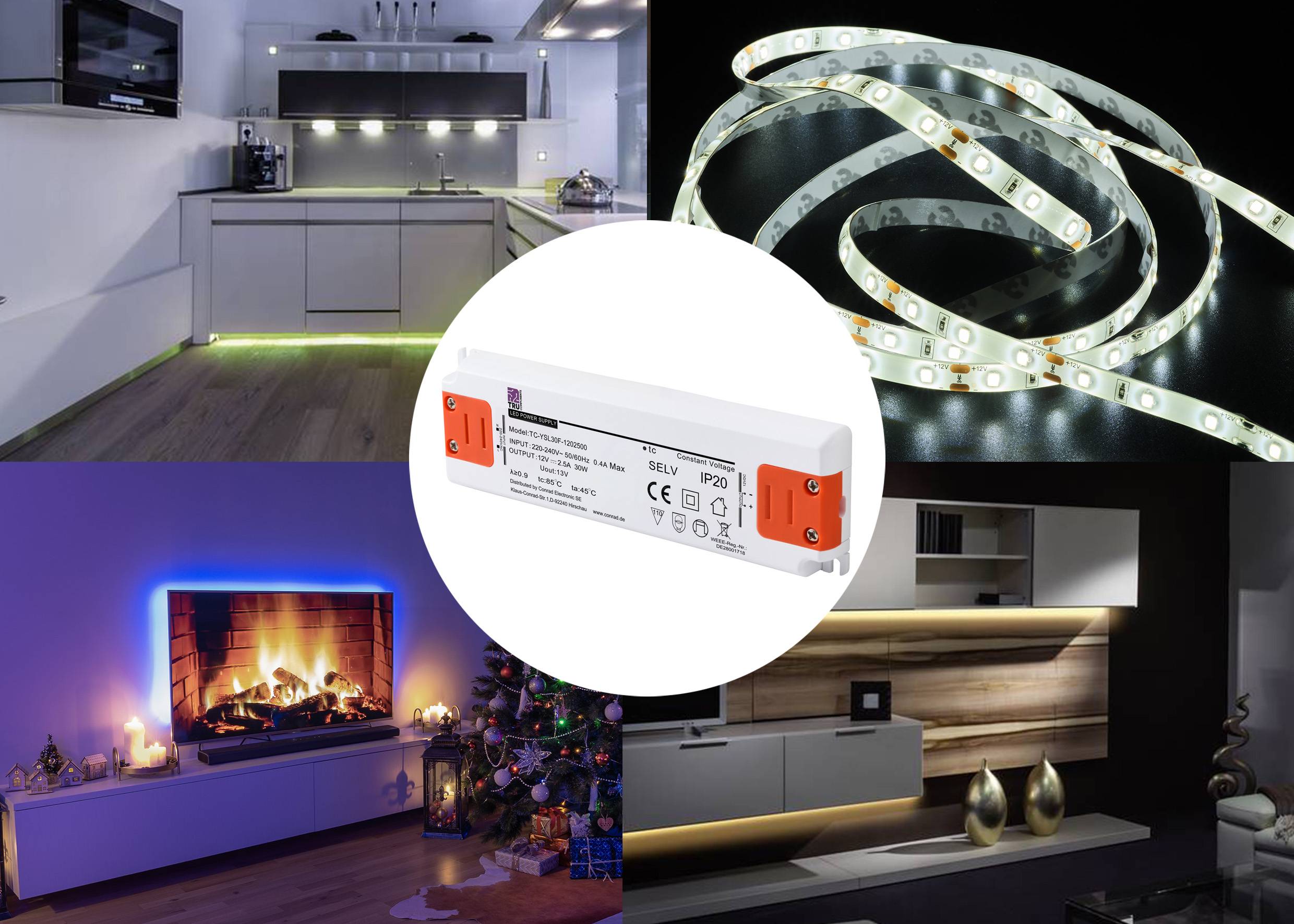 Pasek świetlny LED oświetla różne sceny w pomieszczeniach mieszkalnych. W środku widoczny jest prostokątny zasilacz LED.