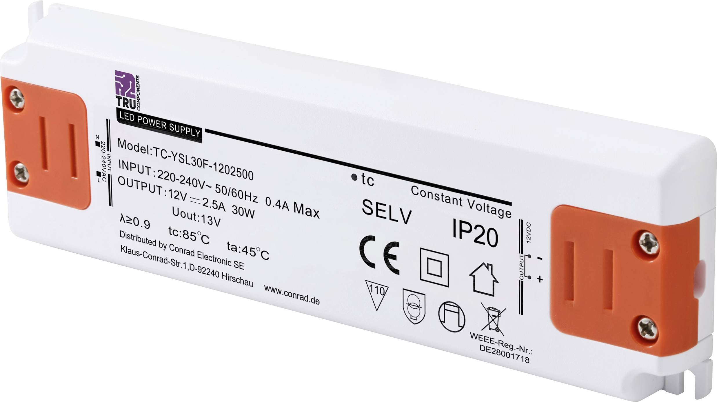 TRU COMPONENTS TC-YSL30F-1202500 Світлодіодний трансформатор постійної напруги 30 Вт 2,5 A 12 В/DC. Придатний для використання в м