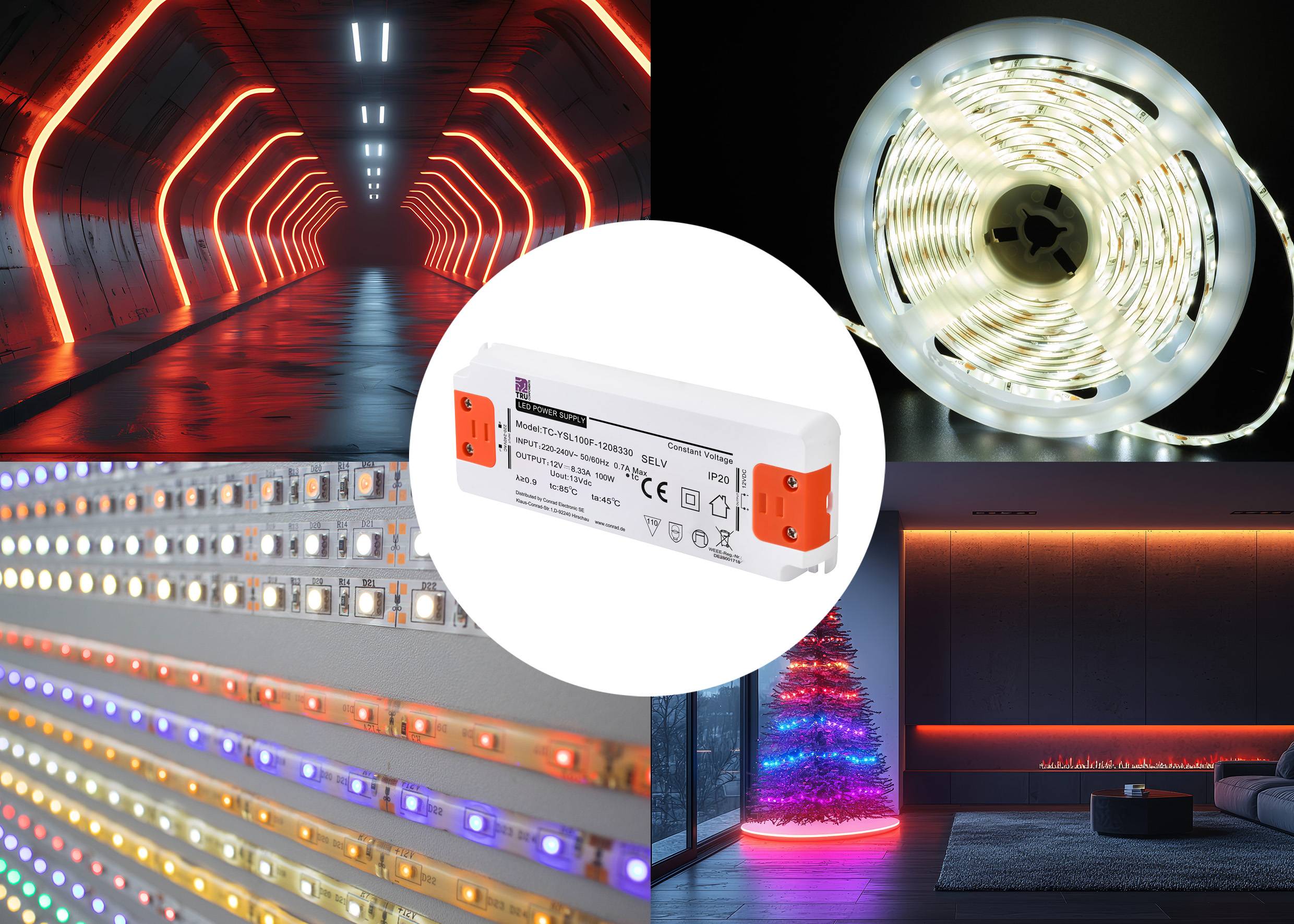 Kolaż przedstawia oświetlenie LED: czerwony tunel, białą rolkę świetlną, kolorowe paski LED, podświetloną choinkę. W środku sterownik LED.