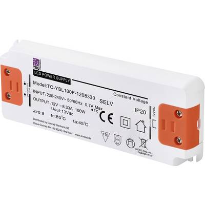 Zasilacz do LED, model TC-YSU100F-1208330, wejście: 220-240V, wyjście: 12V, 8,33A, 100W. Stopień ochrony IP20, zakres temperatury: od -20°C do 45°C.