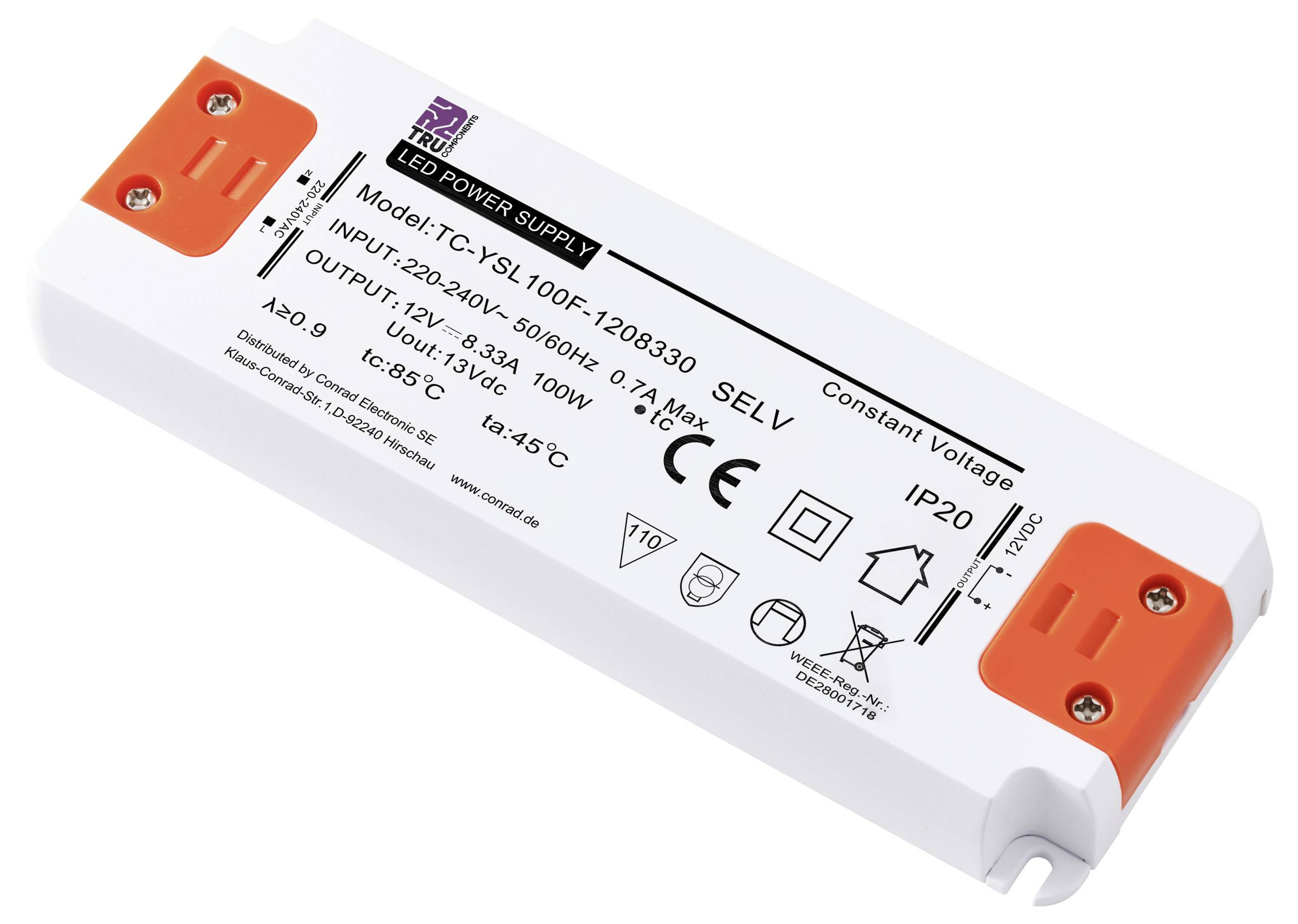 Zasilacz LED, model 'YSL100F-1208330', wejście: 220-240V, 50/60Hz, wyjście: 12V, 8,33A, 100W, stopień ochrony IP20, do użytku wewnętrznego.