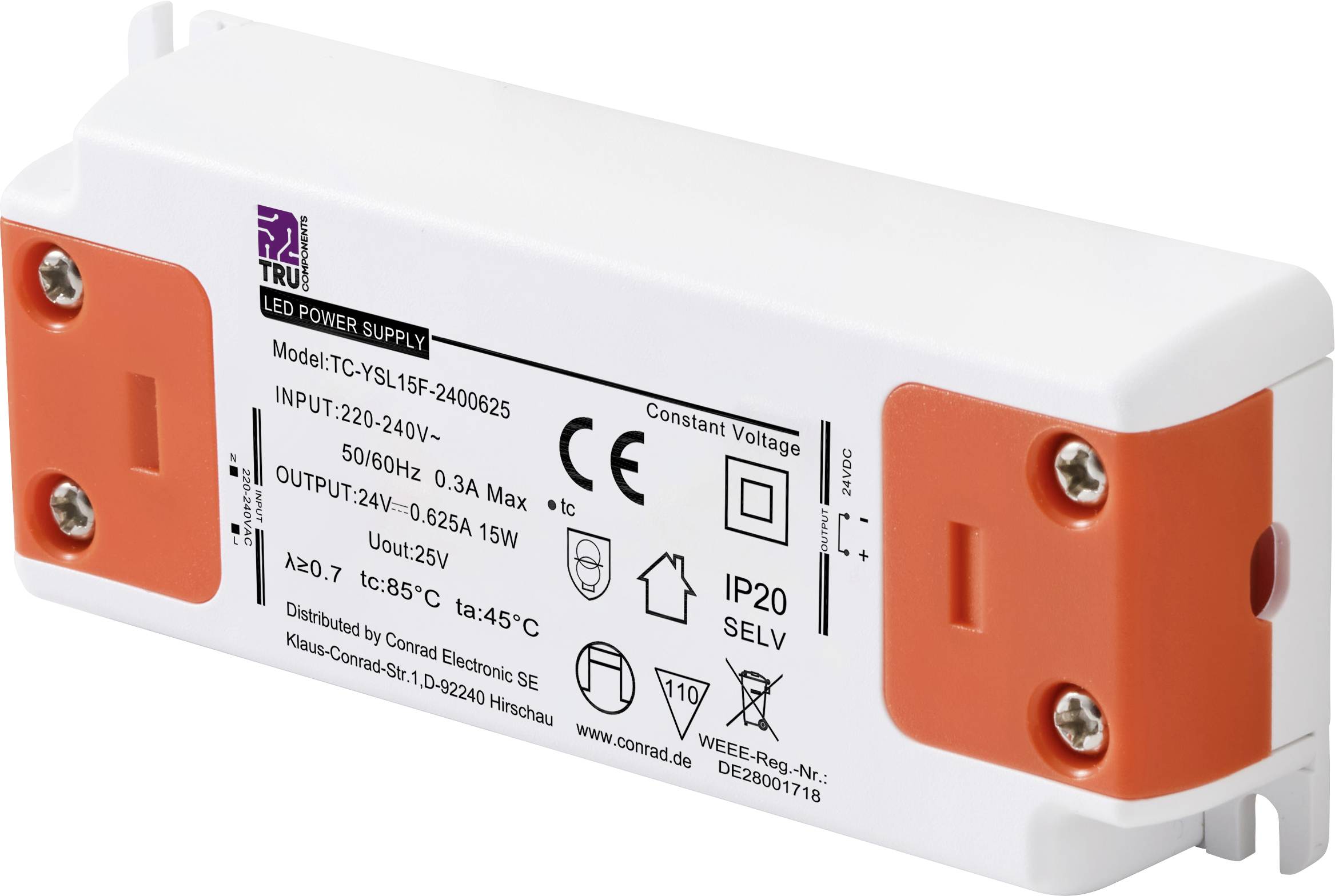 TRU COMPONENTS TC-YSL15F-2400625 Світлодіодний трансформатор постійної напруги 15 Вт 0,625 A 24 В/DC. Придатний для використання в