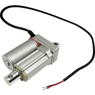 Liniowy siłownik elektryczny z dołączonym kablem zasilającym i metalowym uszkiem montażowym na białym tle.
