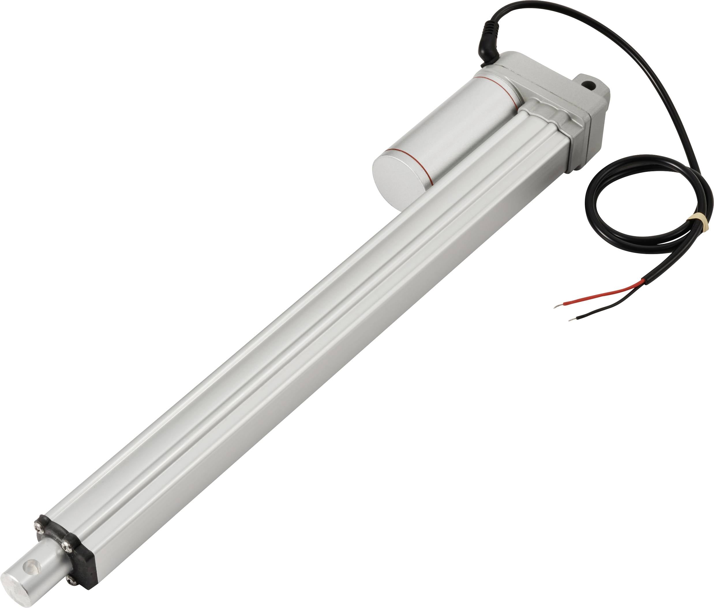 Elektryczny napęd liniowy z obudową metalową i podłączeniami kablowymi. Jest przeznaczony do precyzyjnego sterowania ruchem.