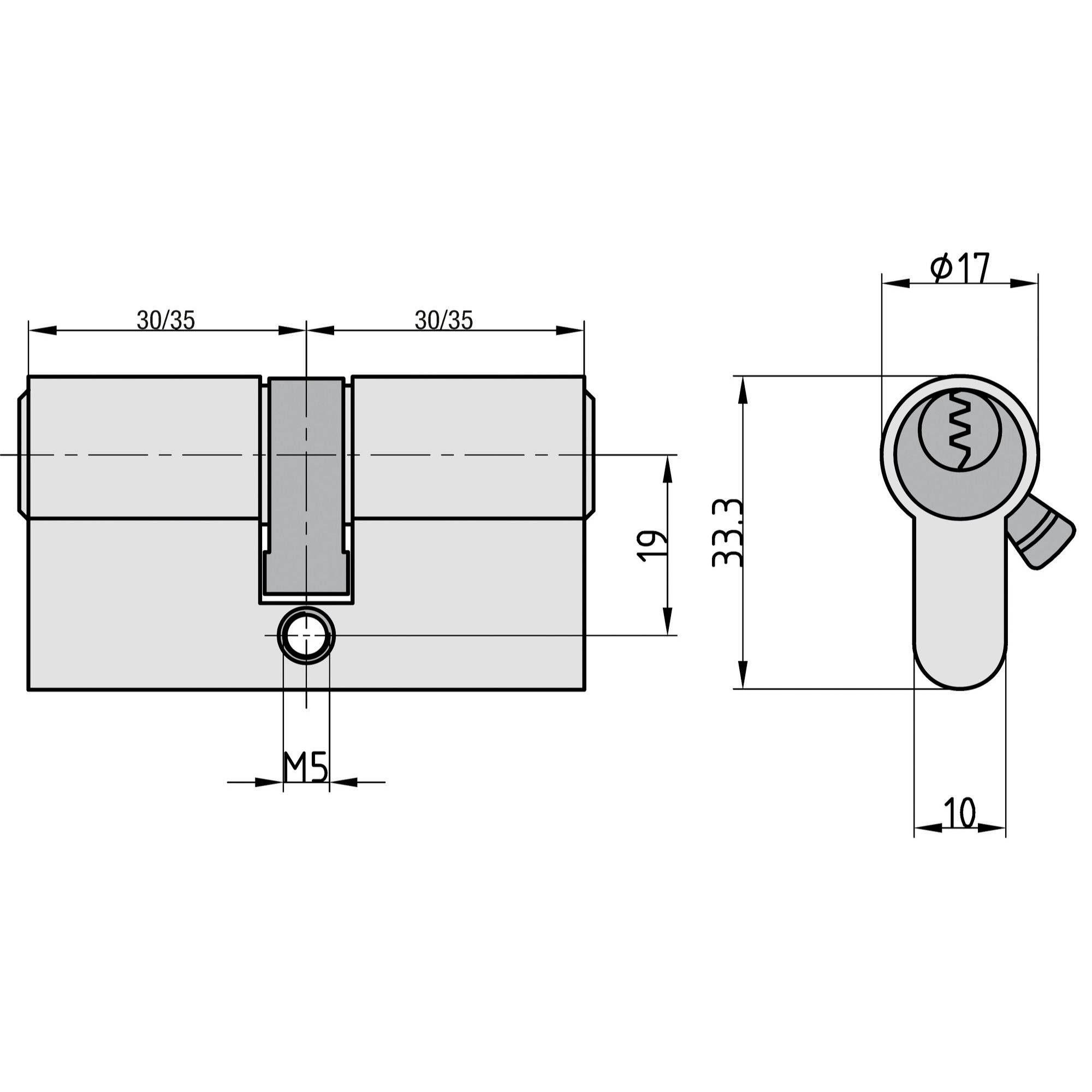 Rysunek techniczny wkładki cylindrycznej z wymiarami: długość 30/35 mm, średnica 17 mm, wysokość 33,3 mm, otwór M5.