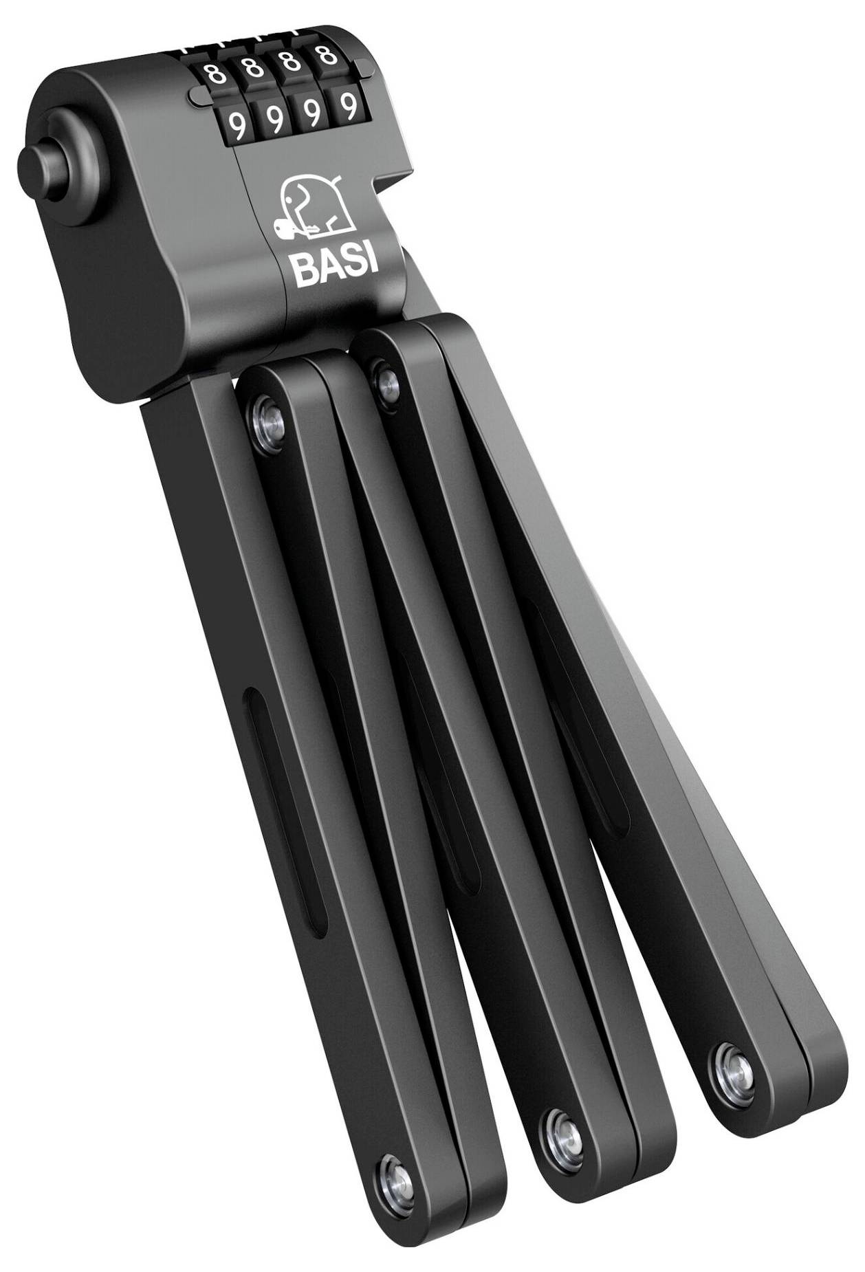 Czarny składany zamek z zamkiem szyfrowym i logo 'BASI'. Odpowiedni do zabezpieczania rowerów lub innych przedmiotów.