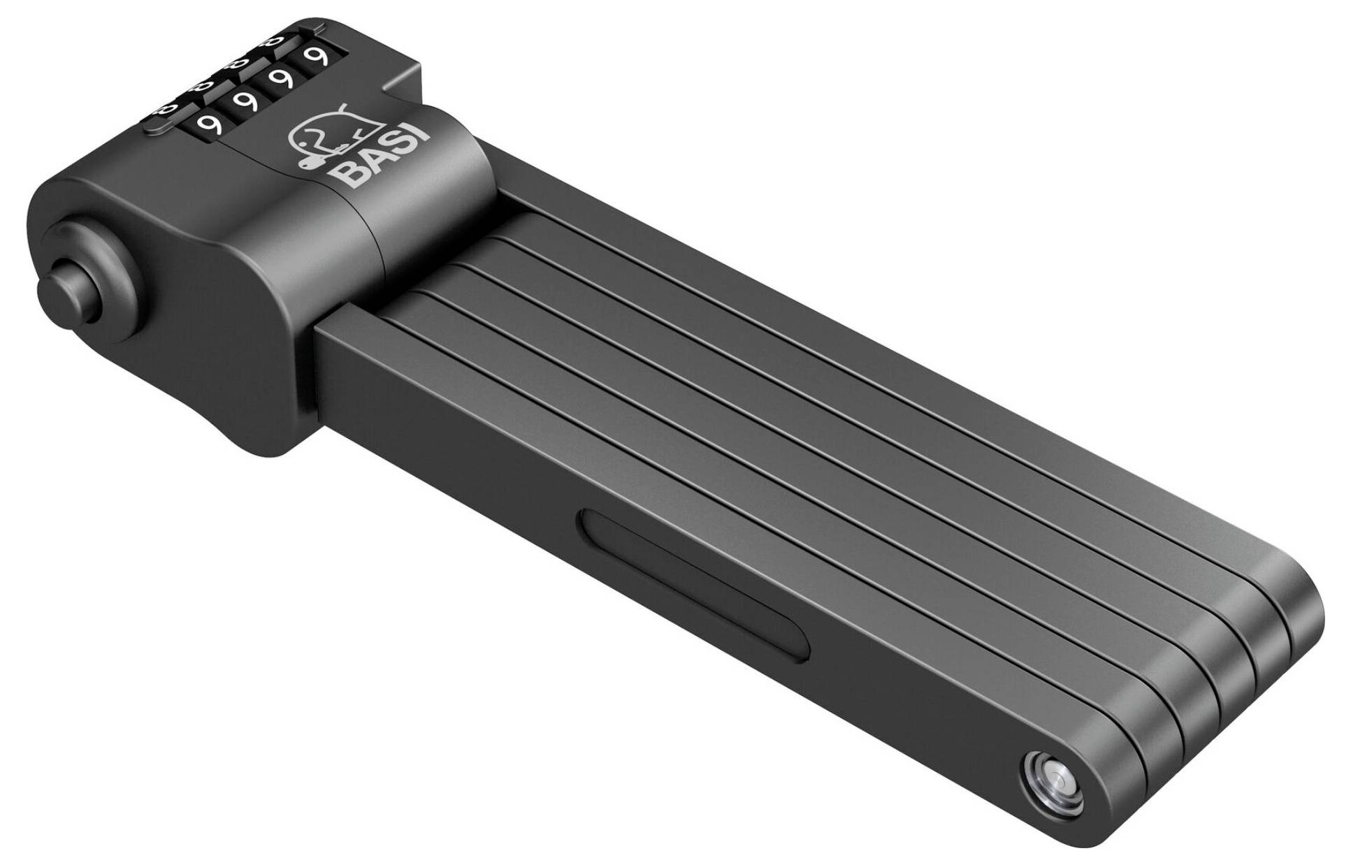 Kompaktowa, czarna składana kłódka z kodem numerycznym i światłem LED, odpowiednia do zabezpieczania rowerów lub podobnych obiektów.