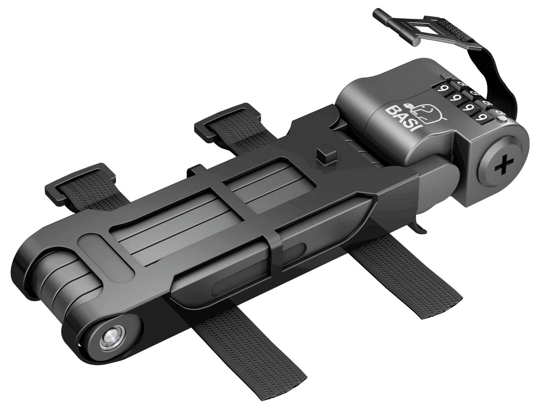 Czarny składany zamek z kodem numerycznym, widok z boku. Dwa ruchome metalowe elementy, pętle mocujące, wytrzymała konstrukcja dla bezpieczeństwa roweru.