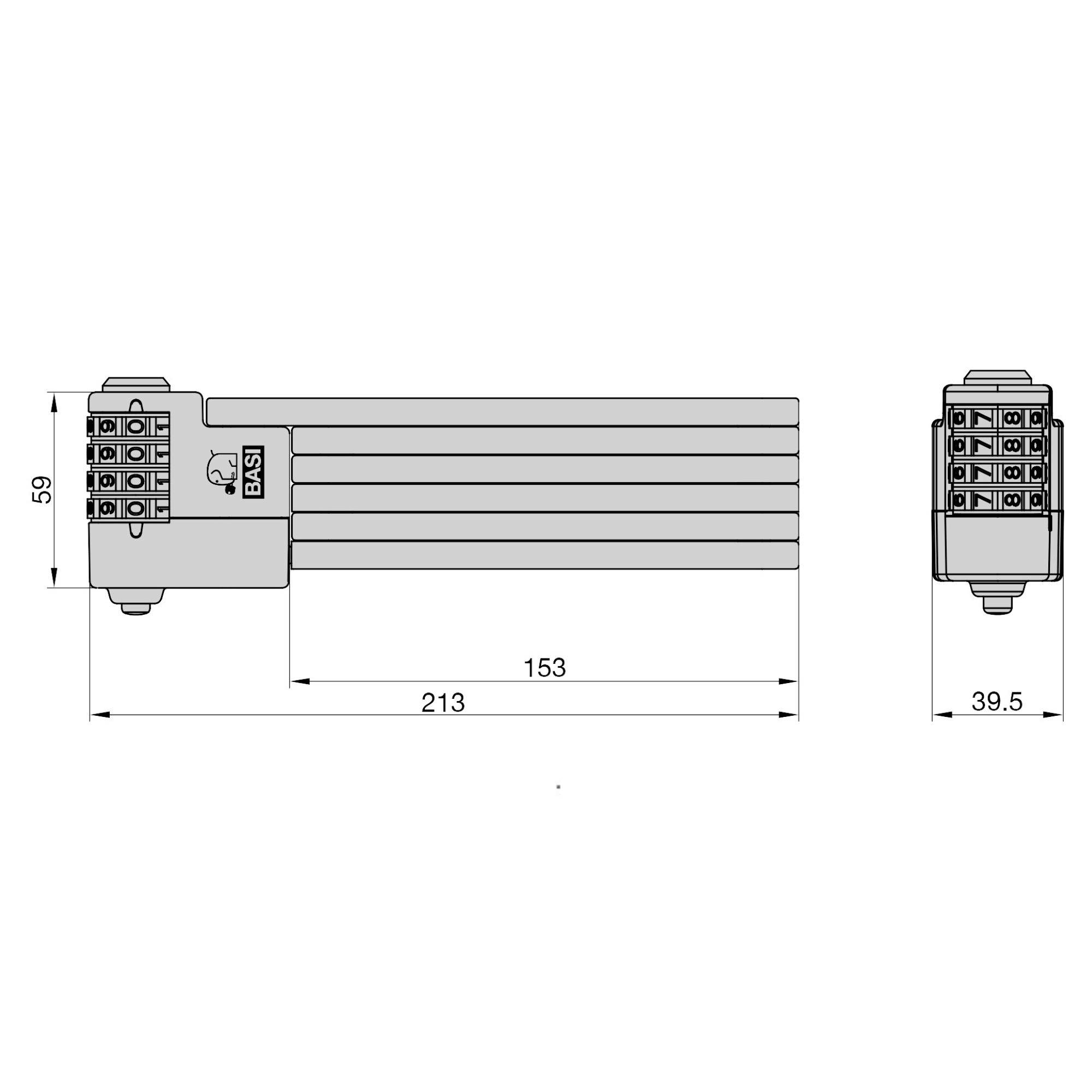 Rysunek techniczny złącza z wymiarami: długość 213 mm, szerokość 39,5 mm, wysokość 59 mm. Po lewej: widok podłączeniowy.