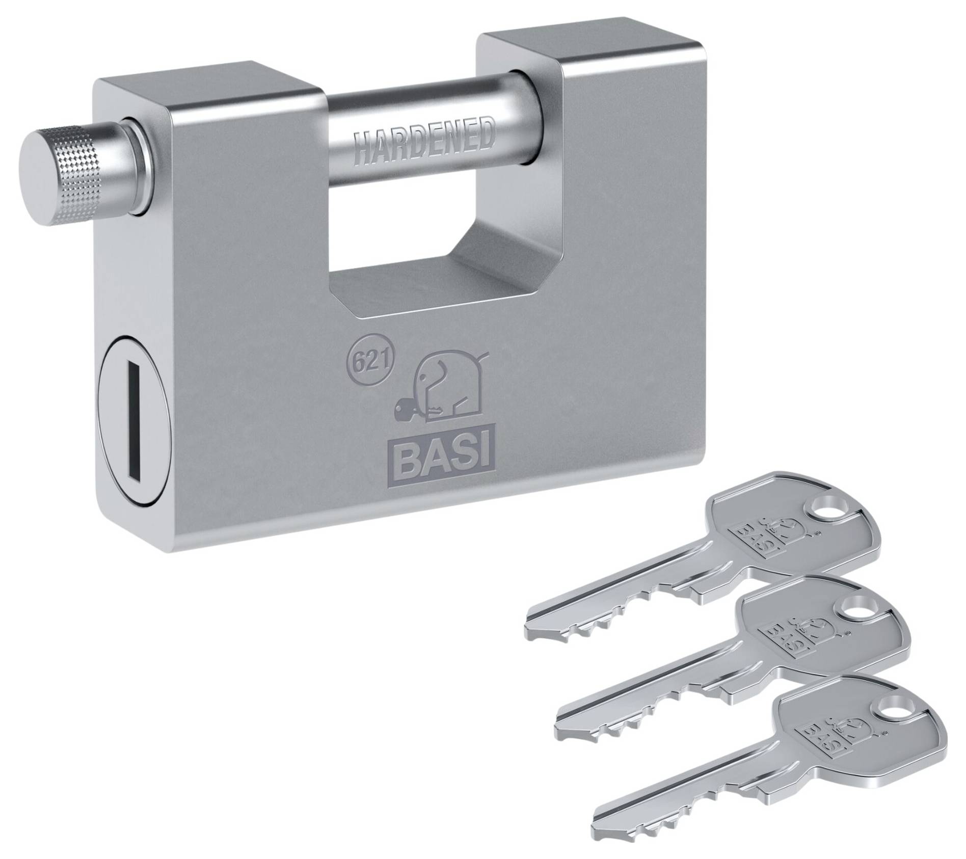 Solidna kłódka z napisem 'BASI', symbolizująca bezpieczeństwo. Obok niej trzy pasujące klucze.