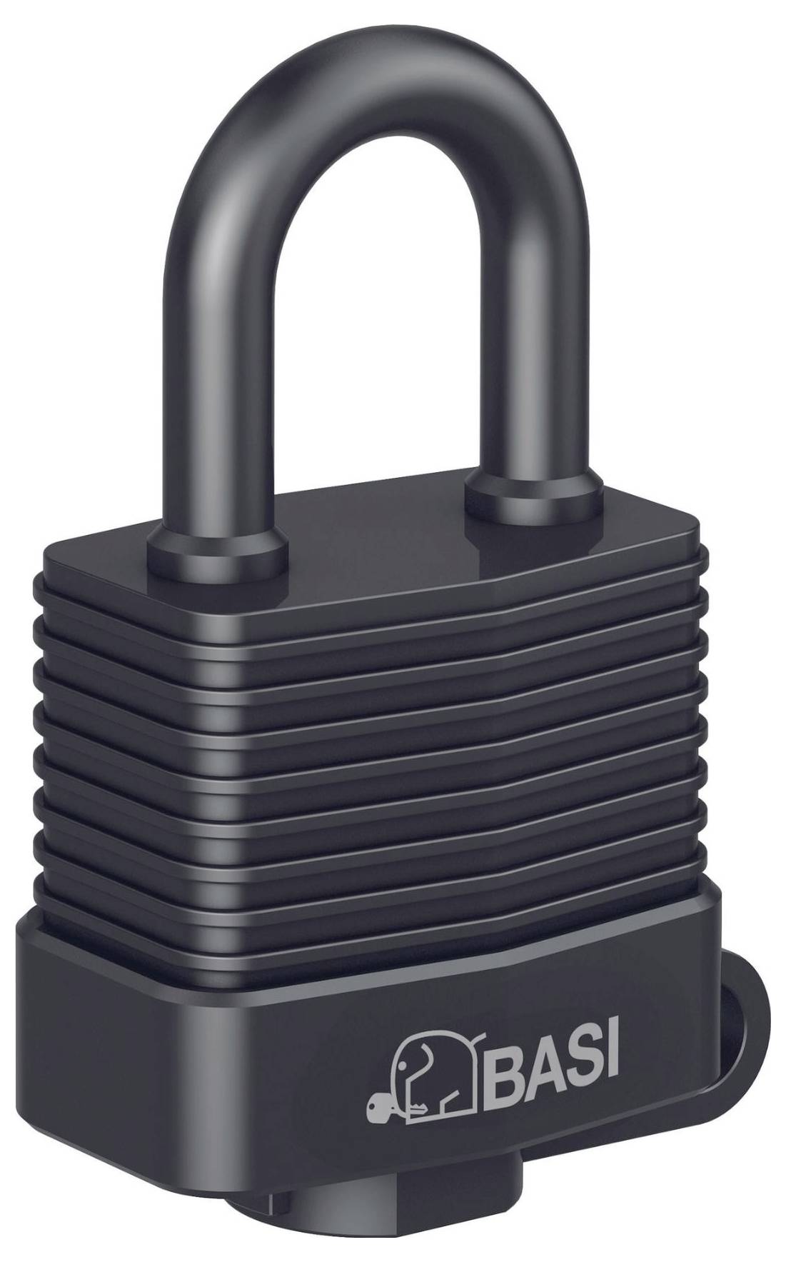 Czarny kłódka z białym logo 'BASI', wyposażona w solidny metalowy trzpień i korpus wykonany w wielowarstwowej technologii.