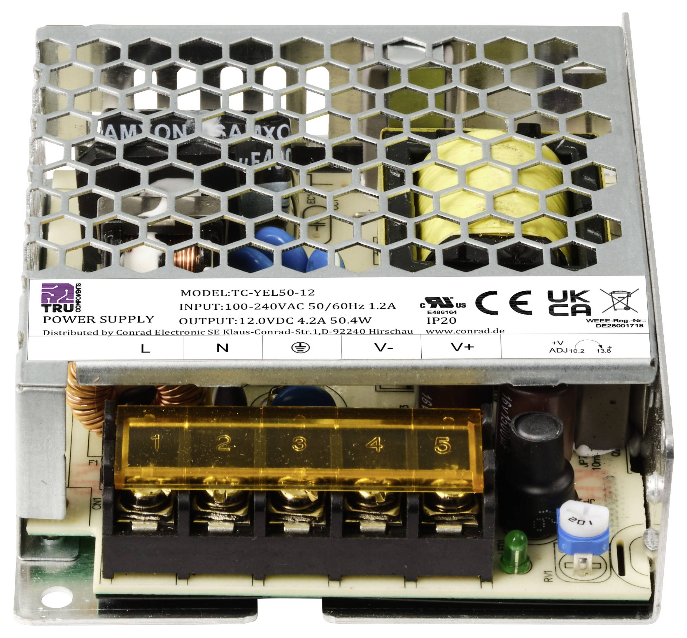 Zasilacz z metalową osłoną kratową i etykietą ze specyfikacjami: WEJŚCIE 100-240VAC, WYJŚCIE 12VDC 4.2A, IP20.