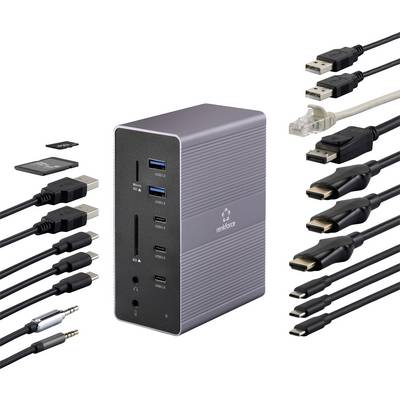 Szaro-czarna stacja dokująca z różnymi możliwościami podłączenia: USB, HDMI, Ethernet oraz czytnik kart. Kable przedstawione na zdjęciu.
