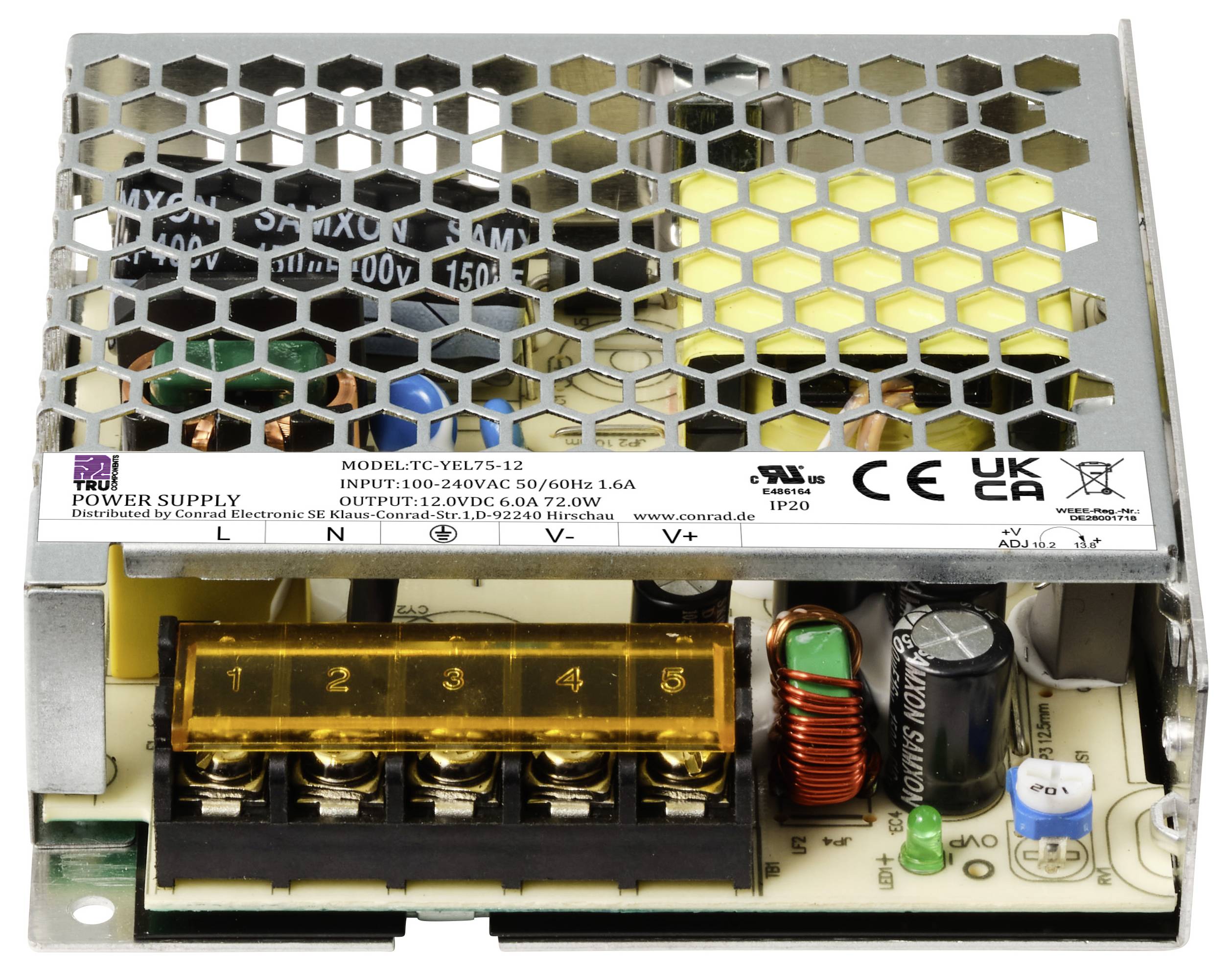 Zasilacz, model TC-YEL75-12, z obudową kratową i odkrytymi złączami; wejście 100-240V, wyjście 12V/6,0A.