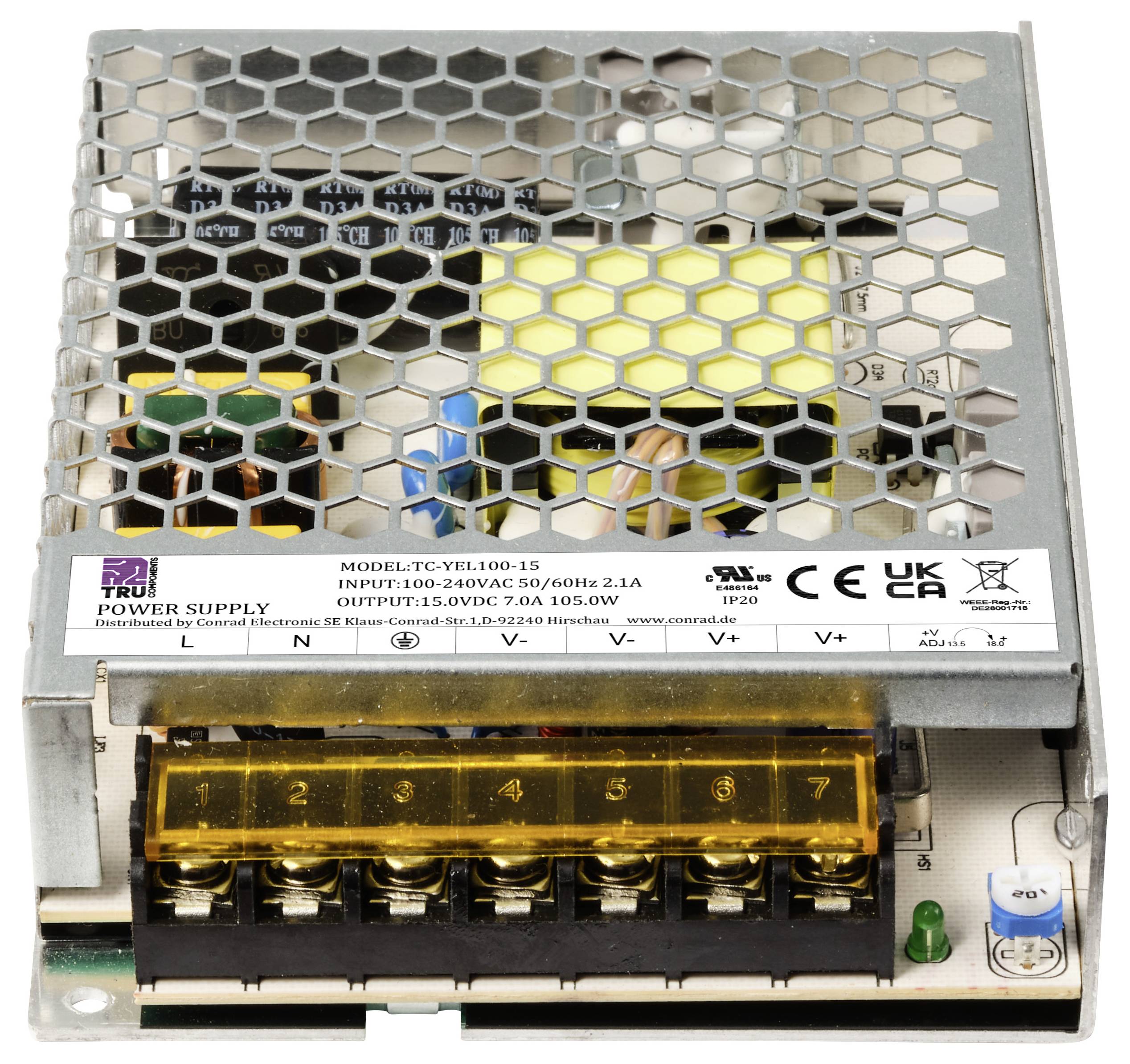 Przemysłowe zasilanie elektryczne z siatką ochronną i zaciskami przyłączeniowymi. Zakres wejściowy: 100-240V, wyjście: 15V, 7A, 105W. Certyfikat CE i UKCA.