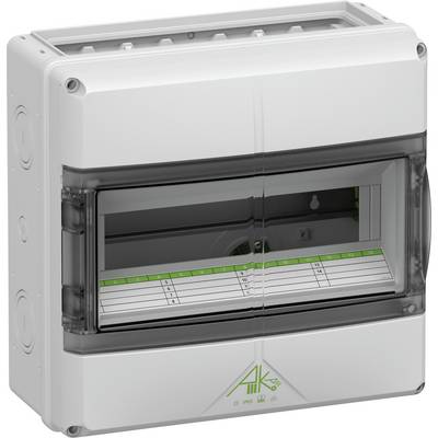 Szara obudowa z tworzywa sztucznego z przezroczystą pokrywą, z tabliczką opisową wewnątrz, wygląda jak rozdzielnia elektryczna.