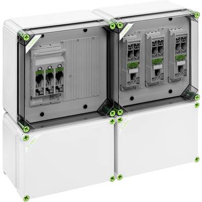 Cztery kwadratowe obudowy z przezroczystymi pokrywami prezentują komponenty elektroniczne i sloty do zastosowań przemysłowych.