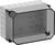 Szara obudowa z przezroczystą pokrywą i czarnymi złączkami narożnymi. Odpowiednia do instalacji elektrycznych.