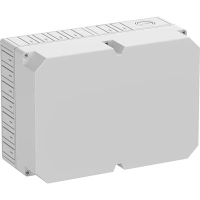 Biała elektryczna puszka przyłączeniowa z wieloma wprowadzeniami kablowymi, przystosowana do użytku na zewnątrz, prezentująca zwartą i wytrzymałą budowę.