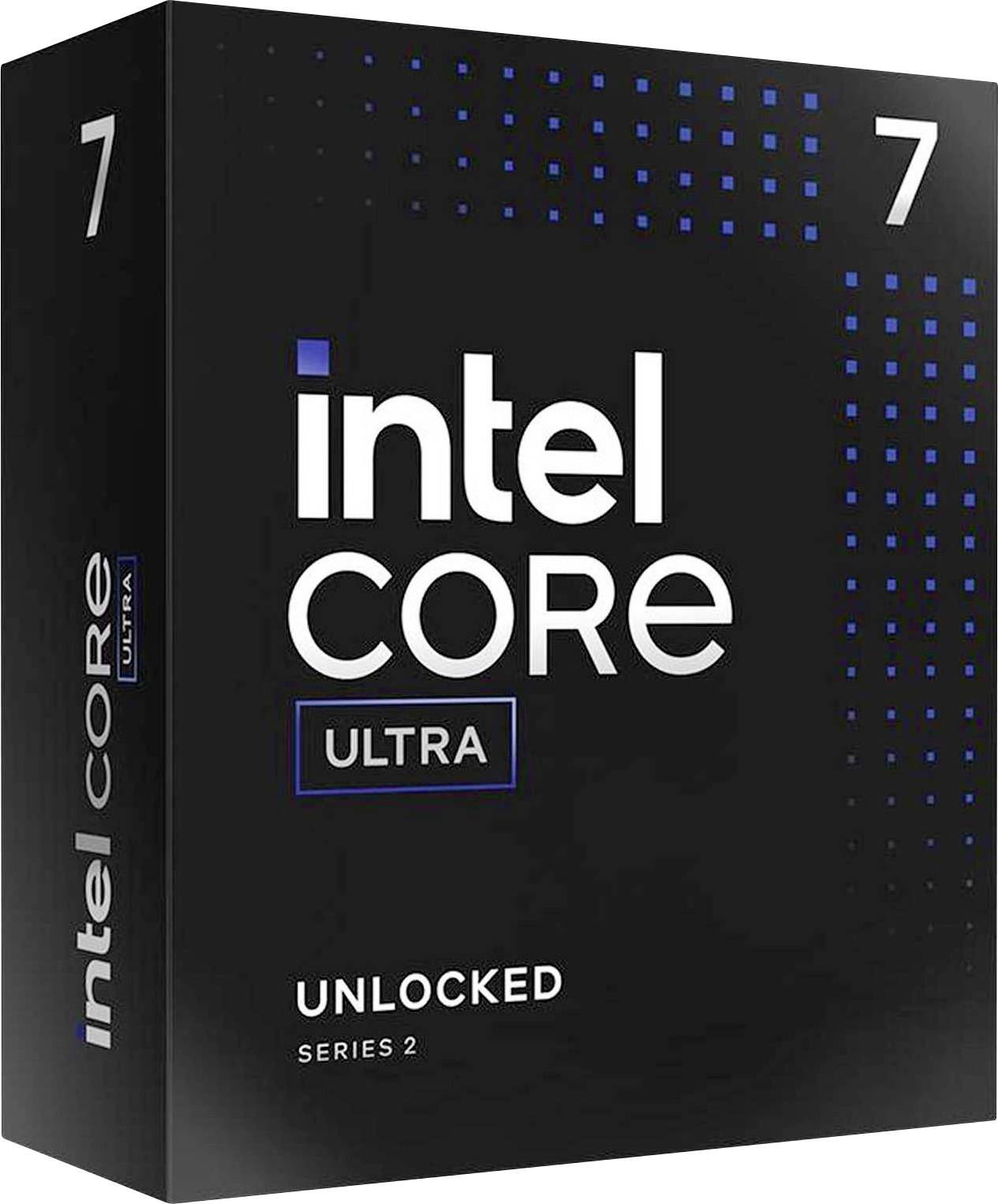 Czarna skrzynka procesora Intel Core Ultra, seria 2, z białym i niebieskim napisem, oznaczona jako "UNLOCKED", "Intel Core Ultra".