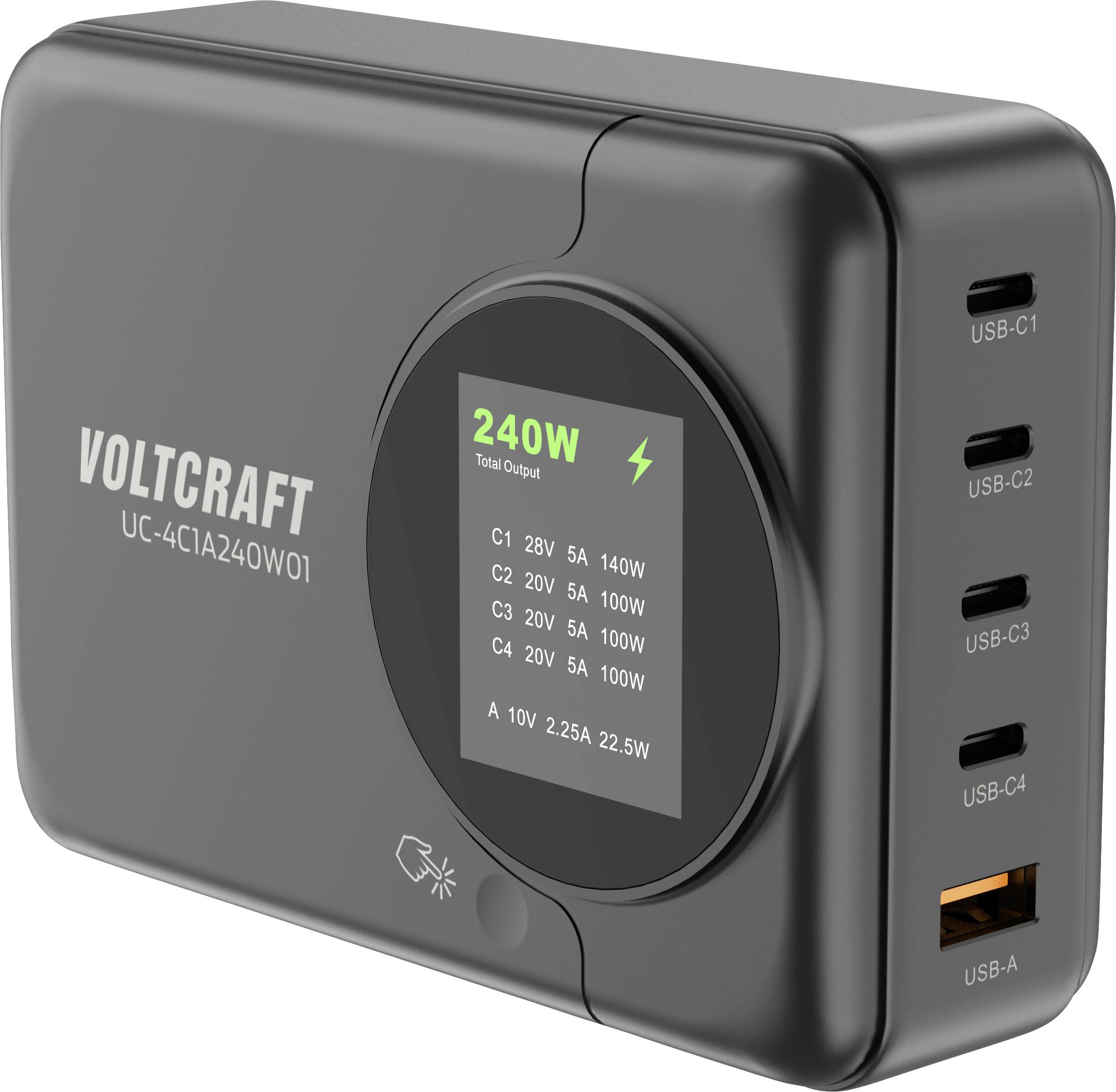 Зарядний пристрій VOLTCRAFT UC-4C1A240W01 USB 240 Вт 4x USB-C®, 1x USB-A Power Delivery 3.0 Black GaN, USB Power Delivery (USB-PD)