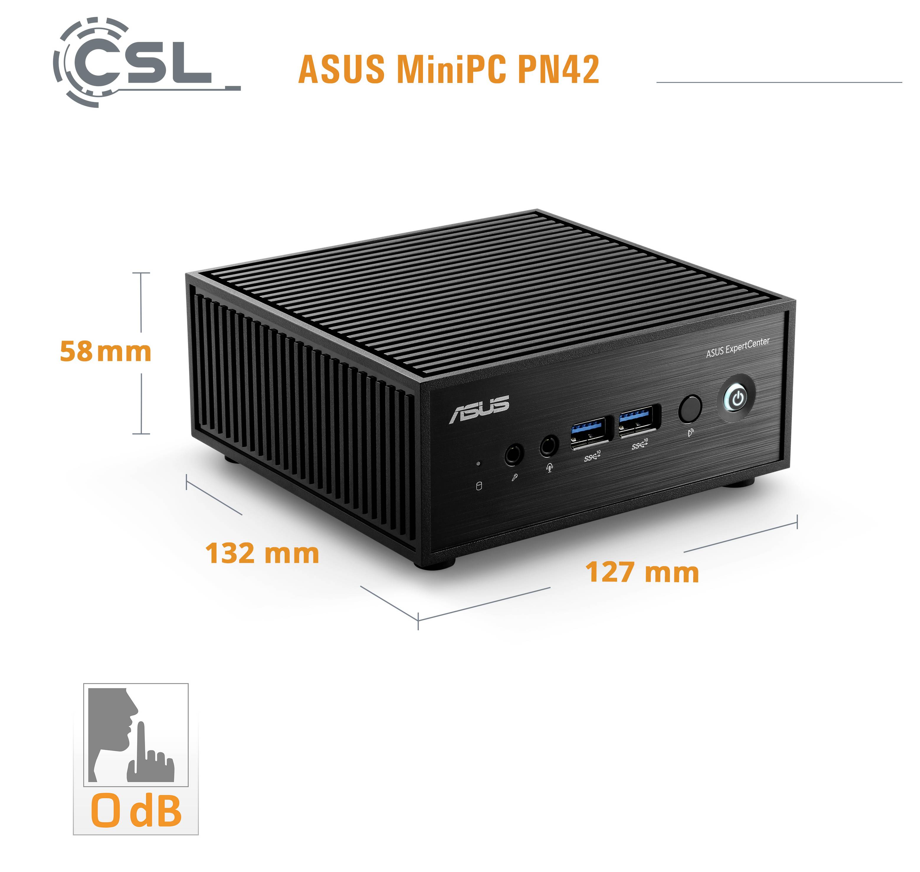 Kompaktowy czarny MiniPC ASUS PN42, o wymiarach 58mm x 132mm x 127mm, z wieloma portami z przodu, promowany jako cichy z oznaczeniem '0 dB'.