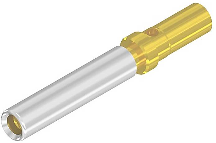 Cylindryczny metalowy pin, dwukolorowy: srebrny u dołu, złoty na górze. Stosowany w połączeniach elektronicznych lub systemach wtykowych.