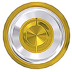 Lśniący złoty guzik z srebrnym obrzeżem, prawdopodobnie dekoracyjny element obsługowy lub przycisk.