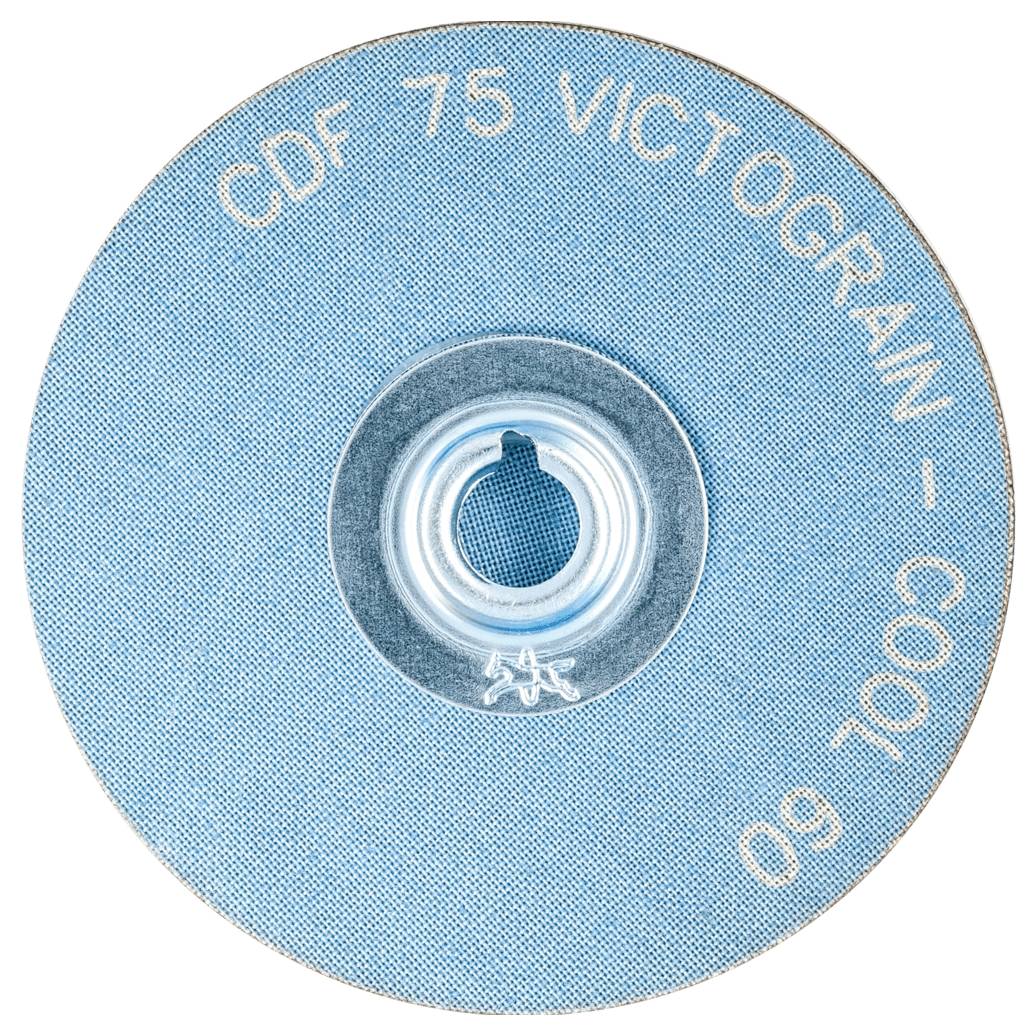 Niebieska tarcza szlifierska z napisem 'CDF 75 VICTOGRAIN COOL 96', wyśrodkowana na metalowym uchwycie.