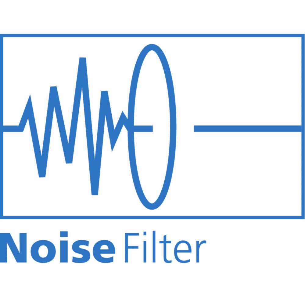 Stylizowany symbol filtra audio z linią zygzakowatą i kołem, opisany jako 'Noise Filter', symbolizuje redukcję szumów.