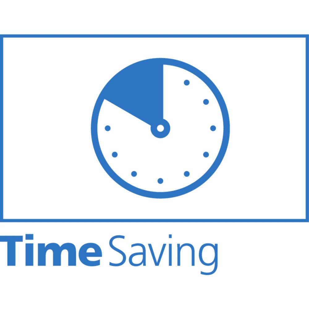Niebieskie zegarowe koło z wyróżnioną ćwiartką godziny i tekstem 'Time Saving' poniżej przekazuje ideę oszczędzania czasu.