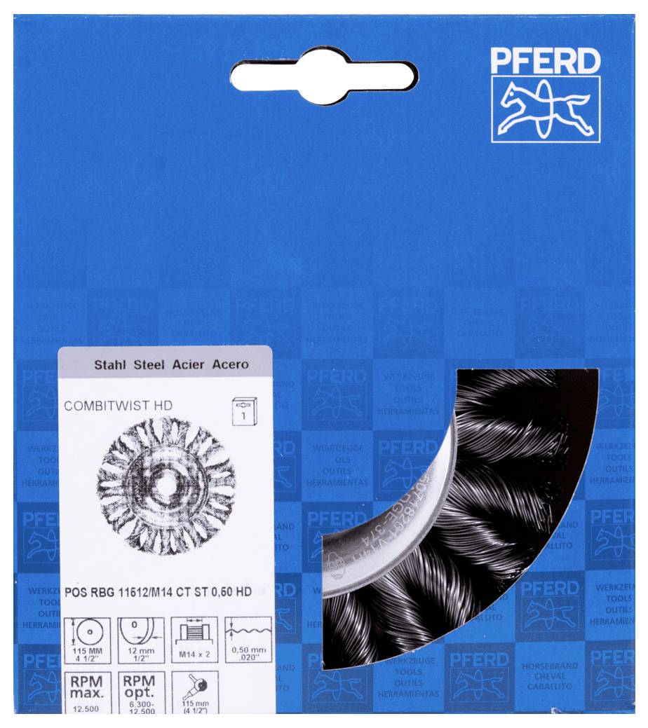 Opakowanie wysokowydajnej tarczy szczotkowej do obróbki stali, marka Pferd, z specyfikacją techniczną i wskazówkami dotyczącymi wydajności.