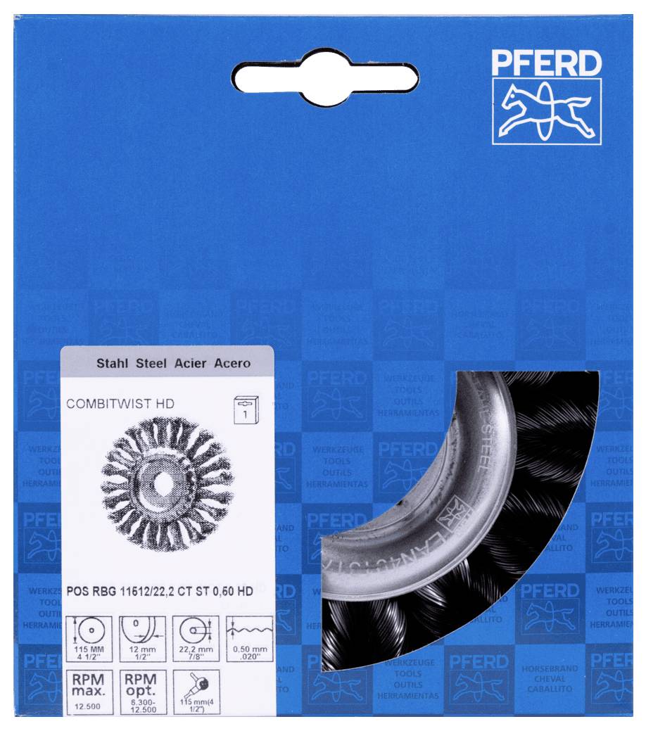 Opakowanie szczotki stalowej PFERD, model COMBITWIST HD, z technicznymi specyfikacjami i projektem szczotki z czarnymi stalowymi włoskami.
