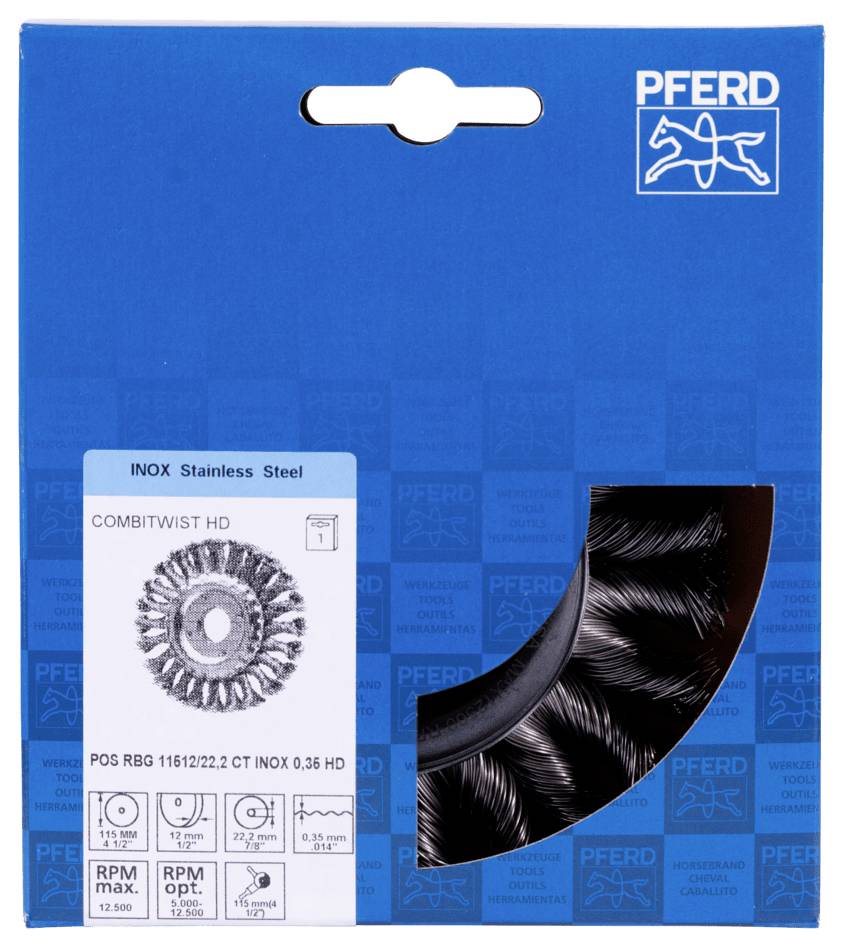 Opakowanie szczotki PFERD COMBITWIST HD, idealnej do obróbki stali nierdzewnej Inox. Przedstawia zdjęcie produktu, specyfikacje i logo.