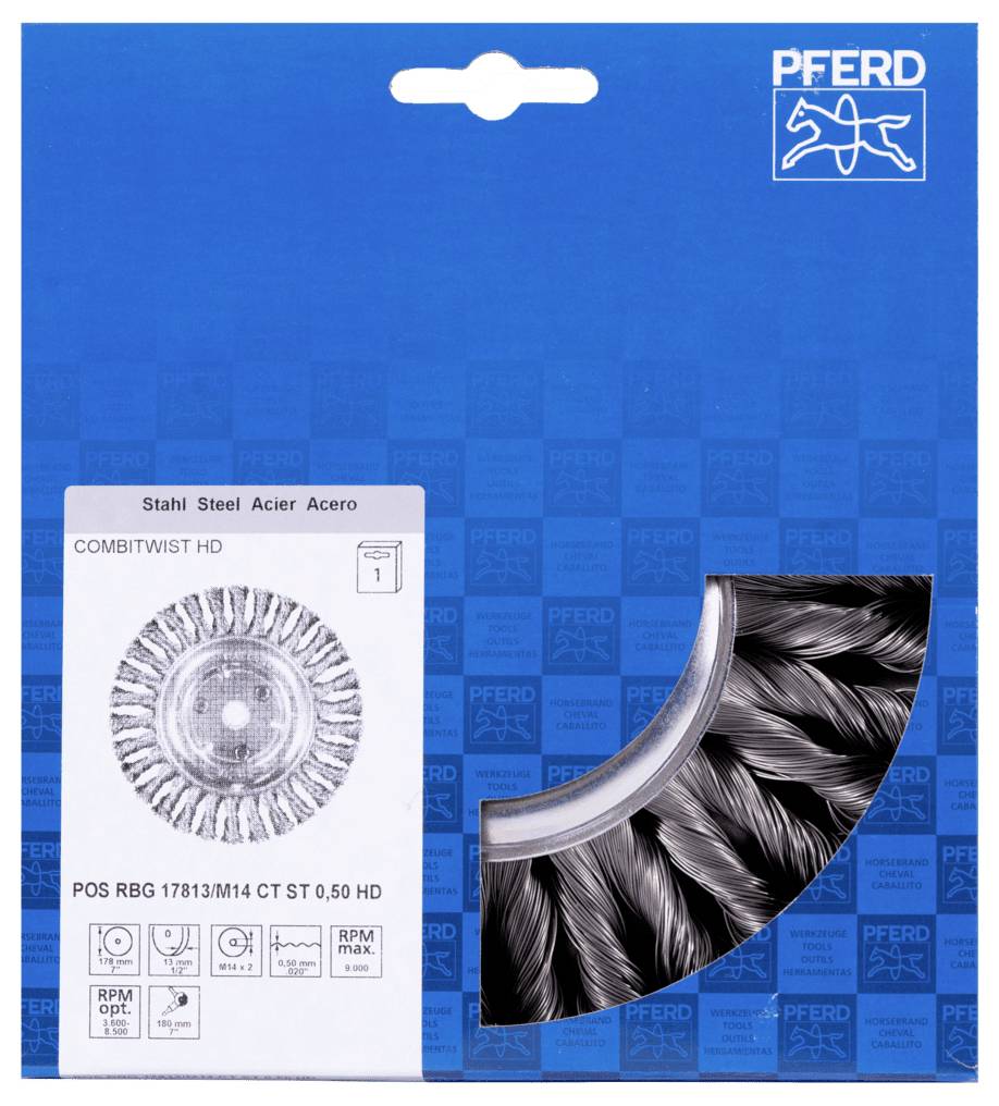 Opakowanie narzędzia szlifierskiego marki Pferd z obrazem końcówki szczotki drucianej oraz specyfikacjami technicznymi na niebieskim tle.