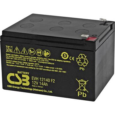 Czarna bateria 12V 14Ah z żółtymi ostrzeżeniami i oznaczeniami. Producent: CSB Battery. Odpowiednia do stosowania w różnych urządzeniach.