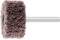 Cylindryczne narzędzie szlifierskie z metalowym uchwytem, pokryte gęstą, ciemną warstwą włókien, przeznaczone do obróbki powierzchni.