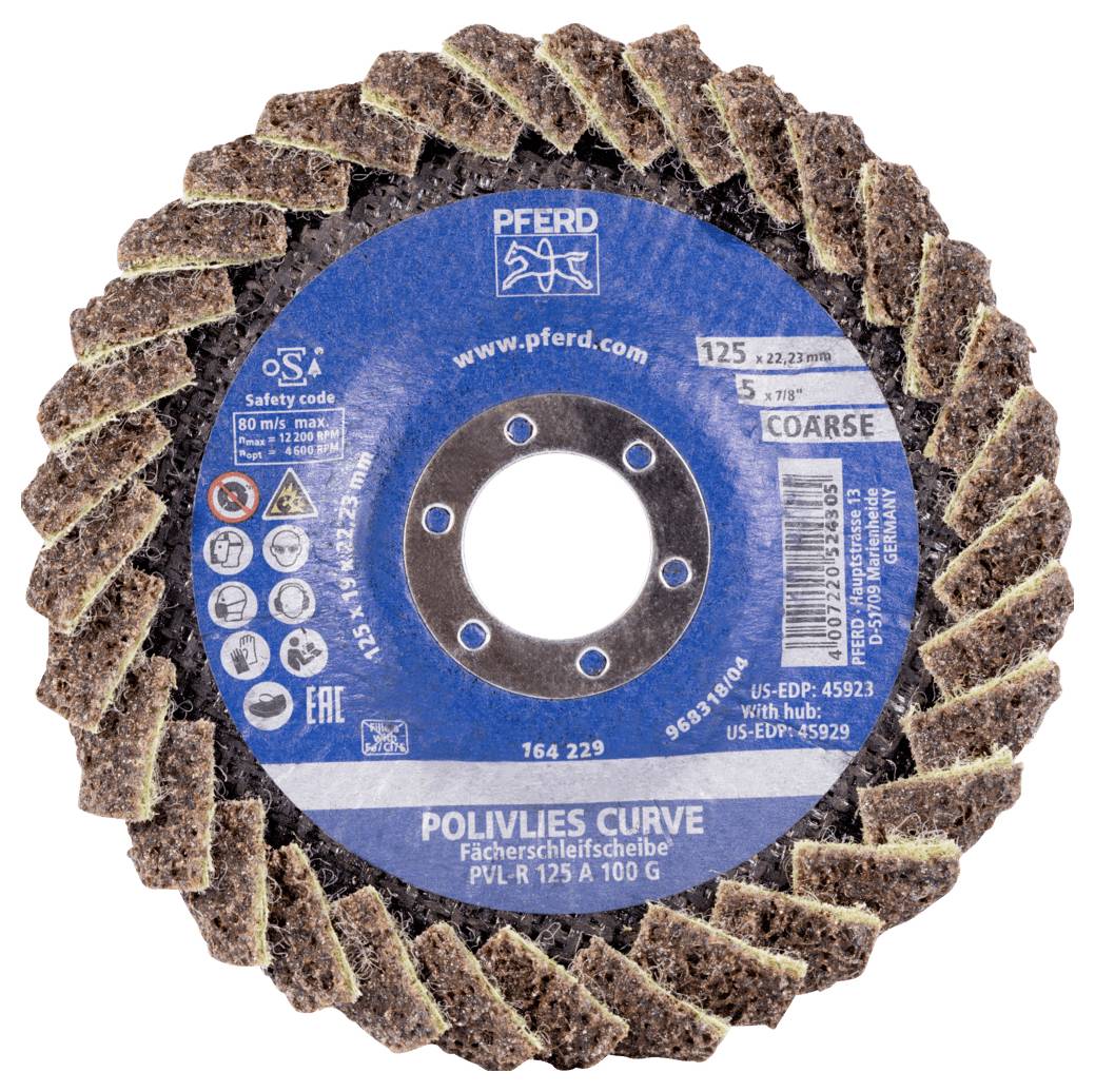 Gruboziarnista tarcza szlifierska marki 'Pferd', model 'Polivlies Curve', o średnicy 125 mm, przeznaczona do intensywnego szlifowania.