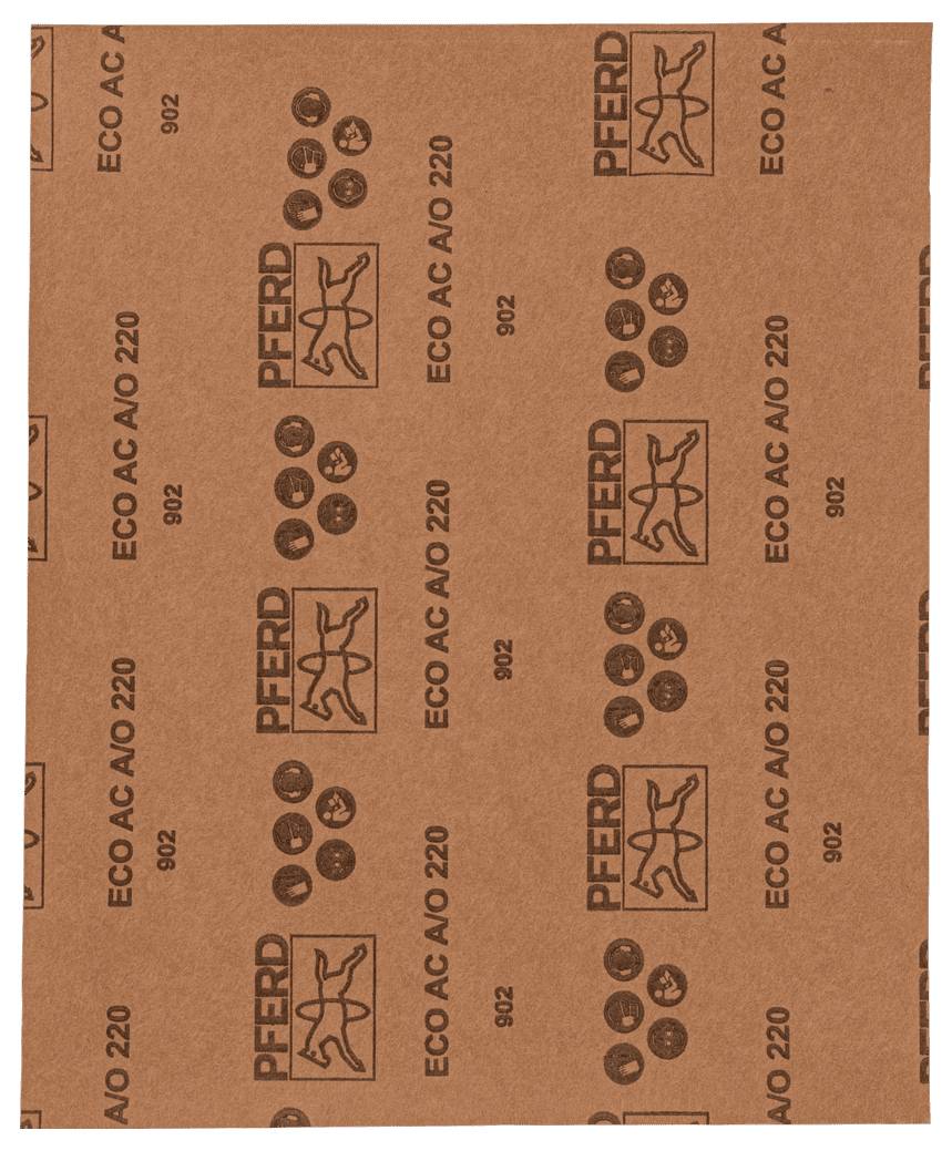 Obraz przedstawia arkusz papieru ściernego firmy PFERD. Posiada on ziarnistą powierzchnię i jest nadrukowany napisem 'ECO AC AO 220'.