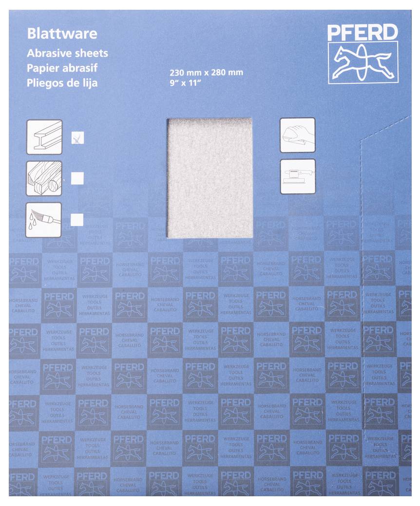 'Blattware - Arkusze ścierne' firmy PFERD, w kolorze niebieskim. Szczegóły dotyczące rozmiaru: 230 mm x 280 mm (9" x 11").
