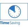 Niebieski okrąg przedstawia zegar z wypełnioną ćwiartką tarczy, pod spodem widnieje napis 'Time Saving'.