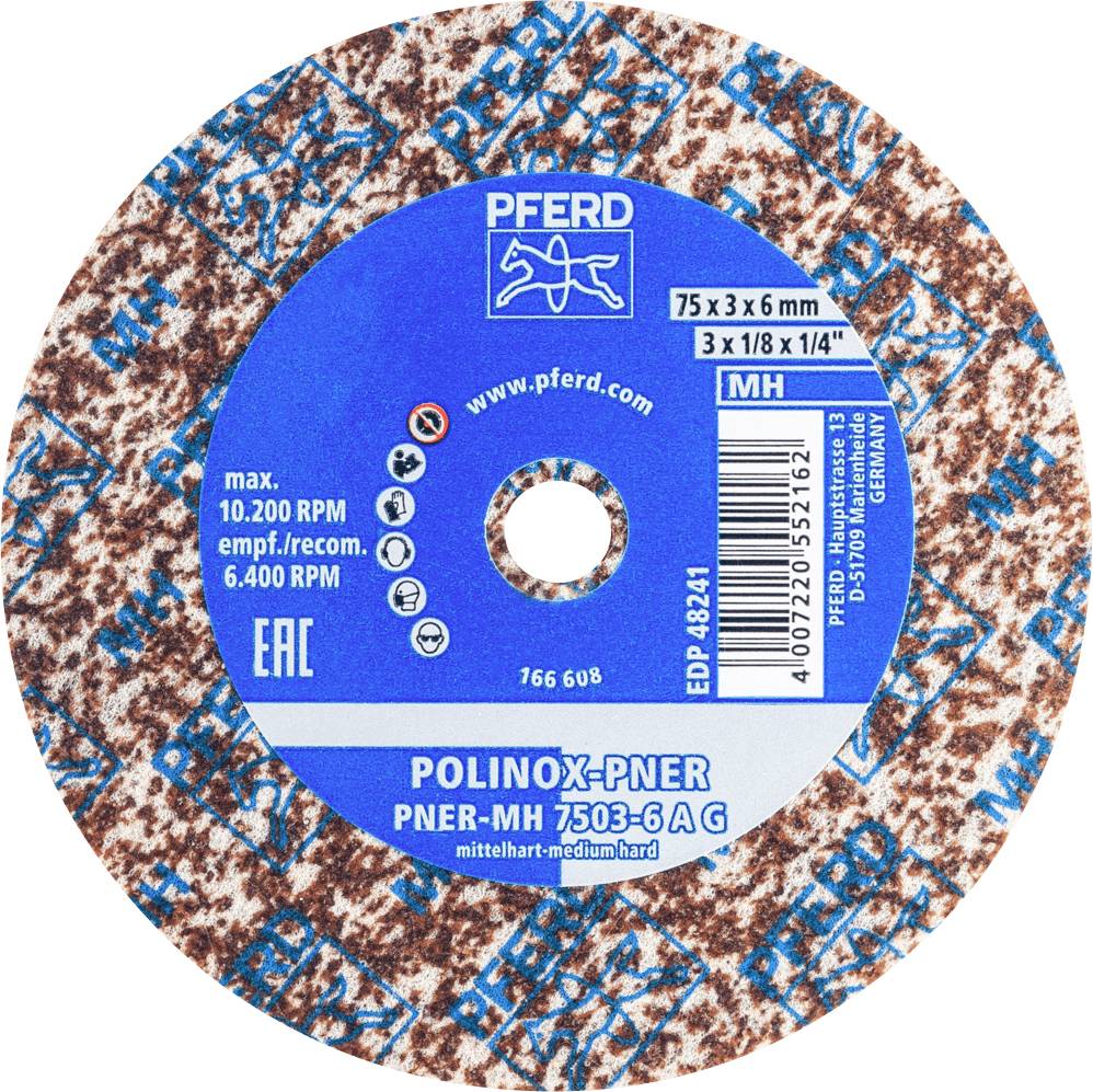 PFERD TOOLS 47700209 Шліфувальний круг PFERD POLINOX з пресованого нетканого матеріалу PNER Ø 75x3 мм, отвір Ø 6 мм, середньої тве