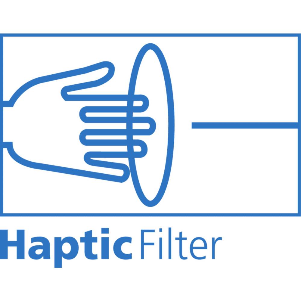 Obraz przedstawia logo 'Haptic Filter' z wyobrażoną stylizowaną dłonią dotykającą poziomych linii.