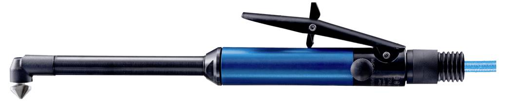 Niebieska pompka rowerowa z długim, wąskim cylindrem i czarną rączką do obsługi.