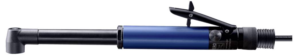 Niebieski pneumatyczny wkrętak kątowy z czarną rękojeścią i spustem, przeznaczony do zastosowań przemysłowych.