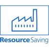 Symbol fabryki z napisem 'Resource Saving' sygnalizuje efektywność wykorzystania zasobów.