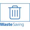 Obraz przedstawia niebieski symbol kosza na śmieci z tekstem 'Waste Saving' poniżej. Symbolizuje on ograniczanie odpadów.